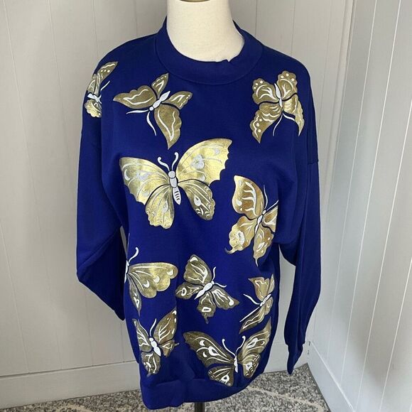 Vintage Cervelle Womens Small Gold Butterfly Motif Sweatshirt Blue Long Sleeve - Picture 1 of 12